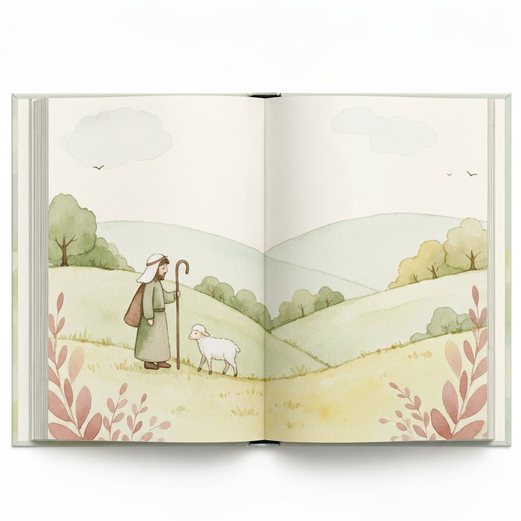 Watercolor illustrated children's book showing a shepherd and lamb in a pastoral scene